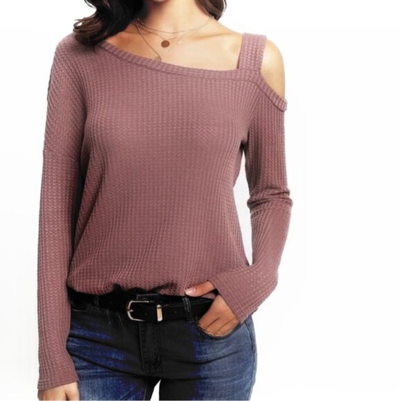 SHEIN Dusty Rose Pink Waffle Knit Asymmetrical Neck Side Slit Top - Picture 1 of 11